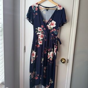 by & by Blue and Pink Flutter Sleeve Wrap Midi Dress